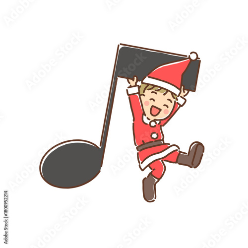サンタクロース姿で音符にぶら下がっている男の子・フルカラー