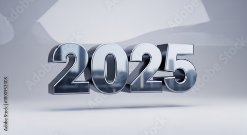 A shiny metallic 3d rendering of the year 2025 against a bright white backdrop, symbolizing the future and new year, isolated on