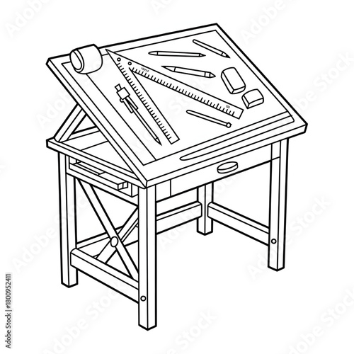 Drafting Table Coloring Page Artist Desk Tools Outline Illustration