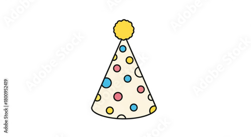 Illustration of a party hat with colorful polka dots and a yellow pompom, perfect for celebrations and festive occasions, isolated on