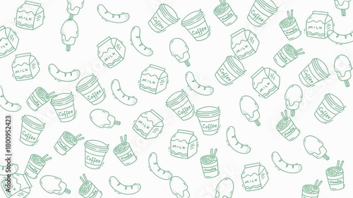Doodle art of sausage drinks and desserts in a pale green palette. Suitable for food blogs, menu designs, and culinary promotions.
