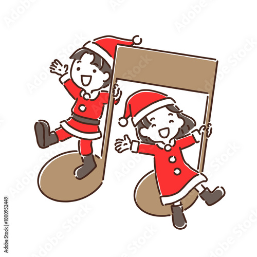 サンタクロース姿で音符に乗って手を振っている男の子と女の子