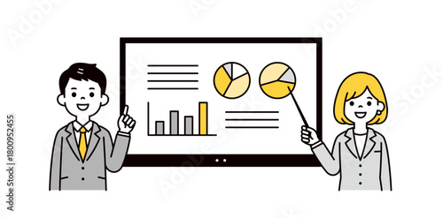 オンラインホワイトボードと、プレゼンする男女のビジネスマンの上半身ベクターイラスト素材
