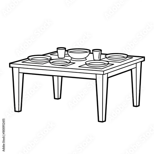 Dining Table Coloring Page Plates Cups Bowls Kitchen Line Art