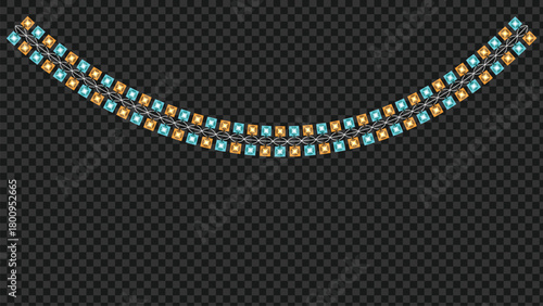 Festive glitter garland with alternating golden and blue square gems on a dark background
