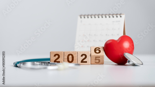 Wallpaper Mural Healthcare and checkup planning concept for 2026 with wooden number blocks, stethoscope, red heart and calendar, medical goals, wellness management, and future healthcare strategies. health insurance. Torontodigital.ca