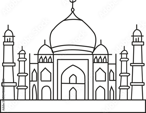 Simple Taj Mahal Line Art Drawing Icon for India Travel and Architectural Landmark Coloring Page