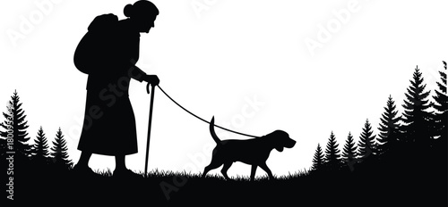 Silhouette of elderly person walking dog in forest, peaceful nature scene, active senior lifestyle, outdoor hike, companionship, black and white