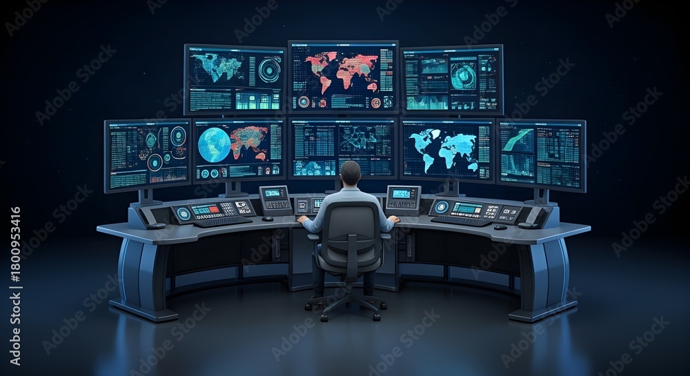 Naklejka premium Technical Operator Monitoring Large Screen Dashboard in Dark Futuristic Control Room