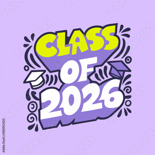 Class of 2026 doodle with graduation caps and abstract shapes
