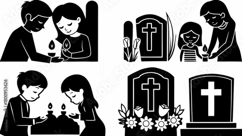 Mourning loved ones at cemetery, families honor the deceased with candles and flowers at gravesites