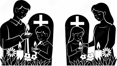 Remembering loved ones on All Souls Day with candles at gravesides, family honoring the departed