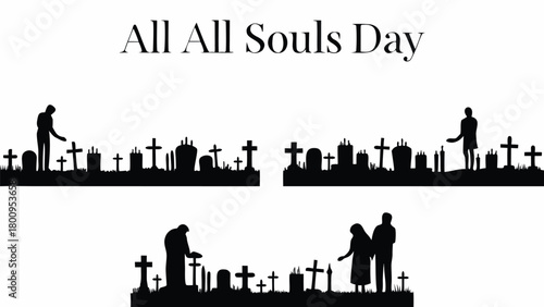 Remembering loved ones on All Souls Day with somber silhouettes in cemetery scene, a time for reflection