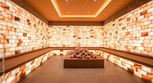 A warm, glowing salt therapy room with internally lit salt-brick walls, wooden benches, and a central platform of illuminated salt rocks. Calm, spa-like, serene atmosphere with soft diffused light.