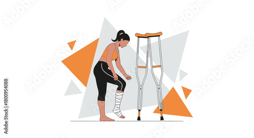 Woman With Leg Injury Examining Bandage Next To Crutches In Vector Illustration