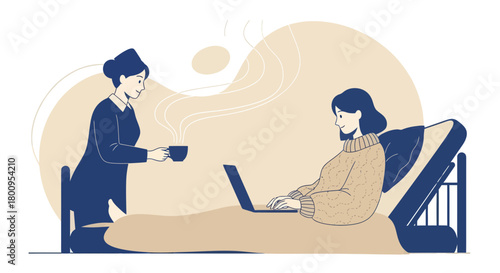 Woman Working Remotely From Bed While Being Served Coffee During A Relaxed Workspace