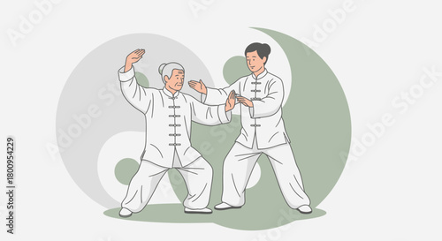 Tai Chi Demonstration Depicting Harmony and Balance on a Simplified Vector Background