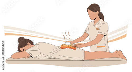Therapist Giving Herbal Heat Treatment to Patient for Relaxation and Pain Relief Therapy