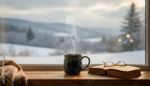 Warm steaming mug, open book, reading glasses, and cozy blanket on a wooden windowsill overlooking a snowy winter scene.