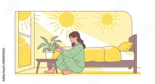 Woman Enjoying Morning Sunlight Tending Her Indoor Plant in Minimalist Bedroom