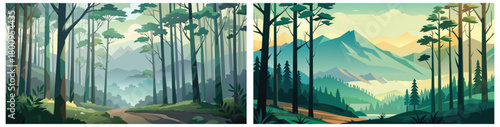 Scenic forest and mountain landscape vector background for website and graphic design projects
