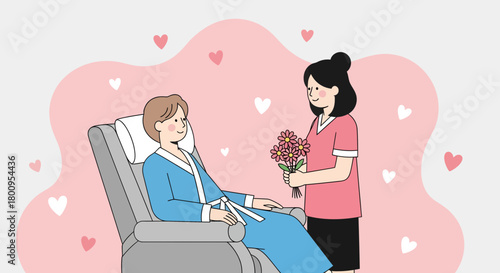 Woman Gives Flowers To a Patient In A Hospital Bed Illustrating Care And Support