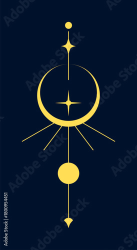 Minimalist tribal symbol featuring clean geometric line art. The elements arranged symmetrically to create a mystical and spiritual aesthetic. Perfect for tattoo, boho decorations, celestial themes.