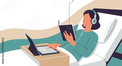 Woman Enjoying Relaxation With Music and Reading While Lying on a Bed