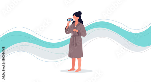 Woman In Robe Using Inhaler, Respiratory Aid, Vector Illustration With Waves Background