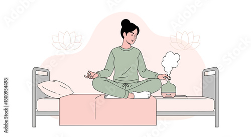 Woman Meditating On Bed With Essential Oil Diffuser For Relaxation And Wellness