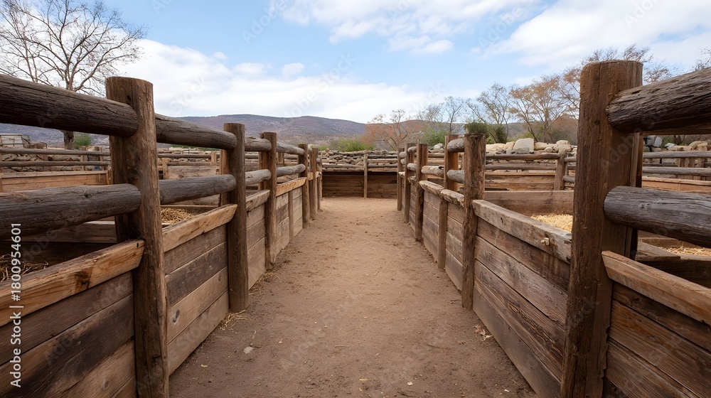 Naklejka premium Rustic wooden live pen and outdoor corral with dirt floor and surrounding hills under a cloudy sky