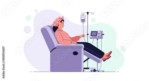 Woman Receiving Intravenous Treatment in Medical Facility Sitting Comfortably Illustration