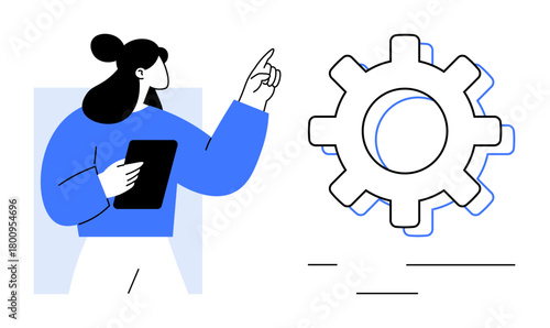 Female character with tablet gestures toward gear icon, representing innovation, technology, and system improvement. Ideal for topics thumbs up automation, solutions, workflow, strategy, creativity