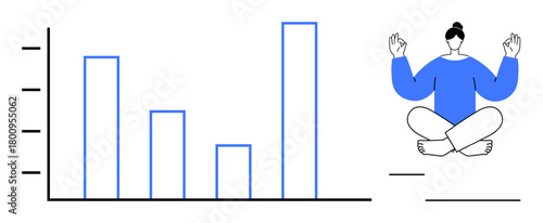 Bar chart analyzing data trends paired with a person meditating in a lotus pose for balance. Ideal for productivity, mindfulness, statistics, work-life balance, focus, well-being, simple flat