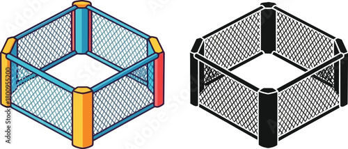 Isometric and outline views of hexagonal and square playpen structures