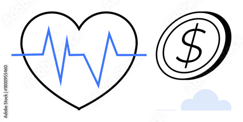 Heart with heartbeat line symbolizes health and vitality. Dollar coin highlights financial focus. Ideal for health economics, healthcare funding, wellness finances, budgeting, financial goals