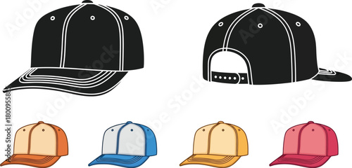 Detailed illustration of various baseball caps in different color schemes