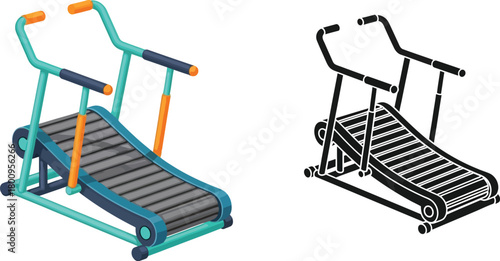 Isometric illustration of a step climbing machine with a black and white version