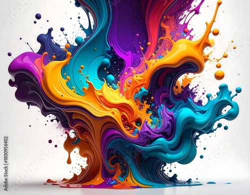 A vibrant, abstract composition bursting with swirling, liquid-like forms in bright colors against a white backdrop
