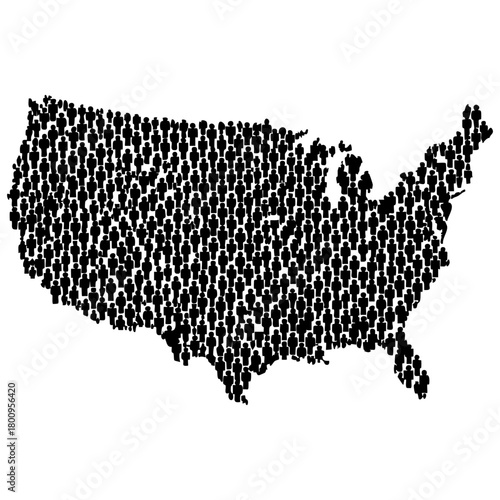 United States map formed by many human silhouettes representing population and demographics of the nation