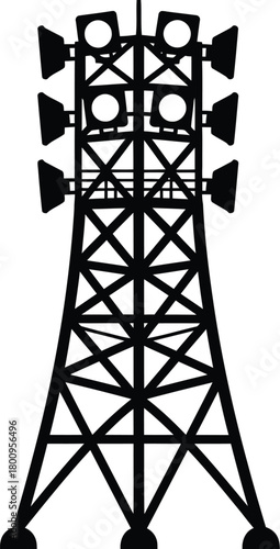 A stark black silhouette of a cellular communication tower against white background