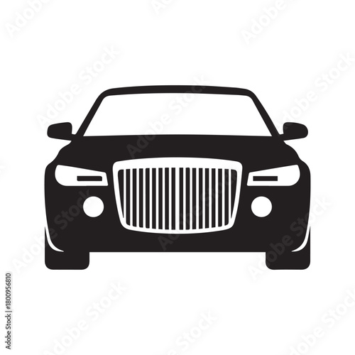 Luxury car icon. Front view of a premium executive sedan silhouette. Automobile vector graphic isolated on white background. Symbol of wealth and prestige.
