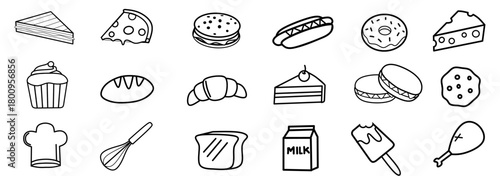 Hand-Drawn Food and Bakery Line Icons for Cafes, Menus, and Graphic Projects
