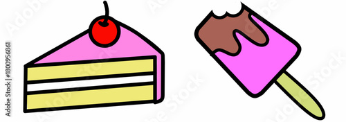 Colorful Cake Slice and Ice Cream Illustration for Dessert and Food Designs