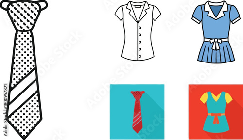 School uniform elements ties shirts dresses and clothing icons in a flat style