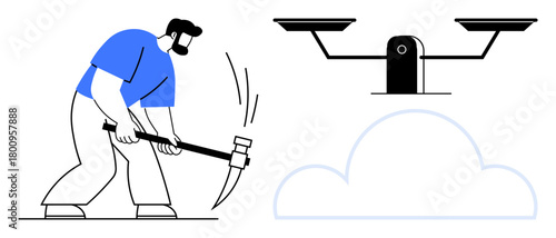 Man mining with pickaxe near weighing scales atop cloud shape. Ideal for concepts such as hard work, justice, balance, perseverance, cloud computing, goal setting, simple flat metaphor