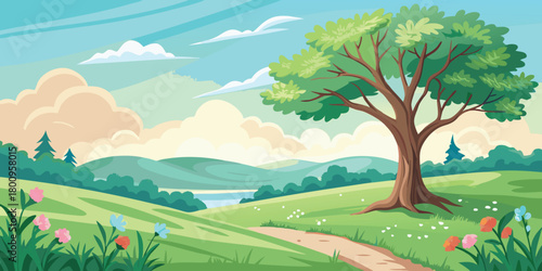 Cartoon spring landscape background with tree flowers and path vector illustration design art
