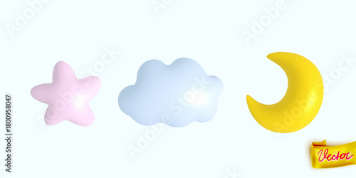 Cute soft pastel star, cloud and moon vector icons. Gentle baby-style elements perfect for nursery prints, kids designs, stickers, wallpapers and adorable branding projects