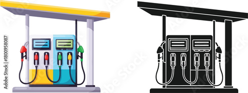 Gas station pump illustration in color and black and white views