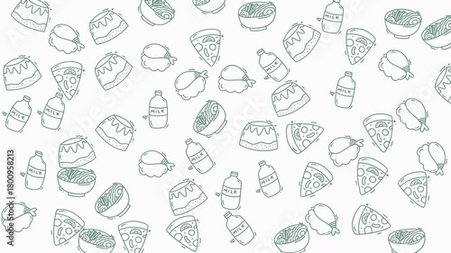 Doodle Food Drawn pizza slices, puddings, bowls, and bottles randomly cover a blank white background. Suitable for foodrelated designs and advertisements.